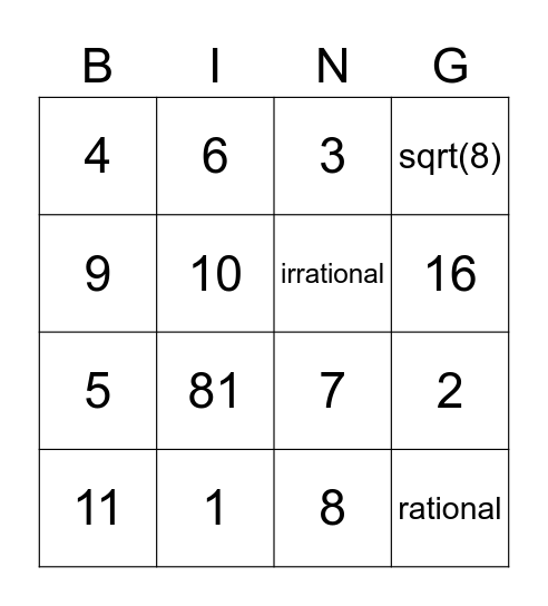 rational and irrational Bingo Card