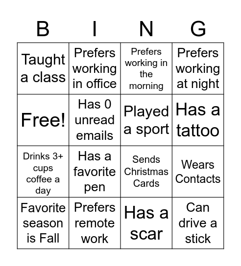Get to Know your Coworkers Bingo Card