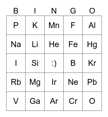 Periodic Table Bingo Card