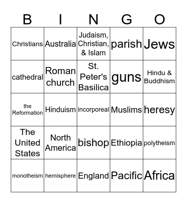 Western Religions Bingo Card