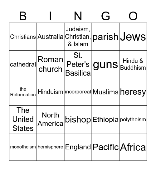 Western Religions Bingo Card