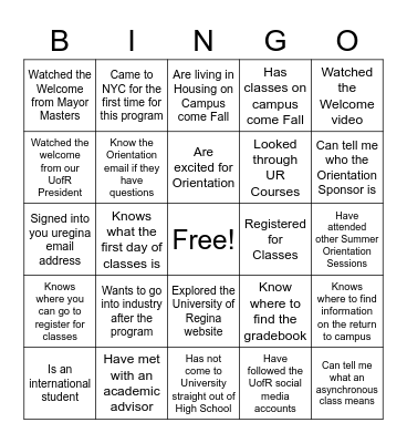 General MA Psychology Orientation Bingo Card