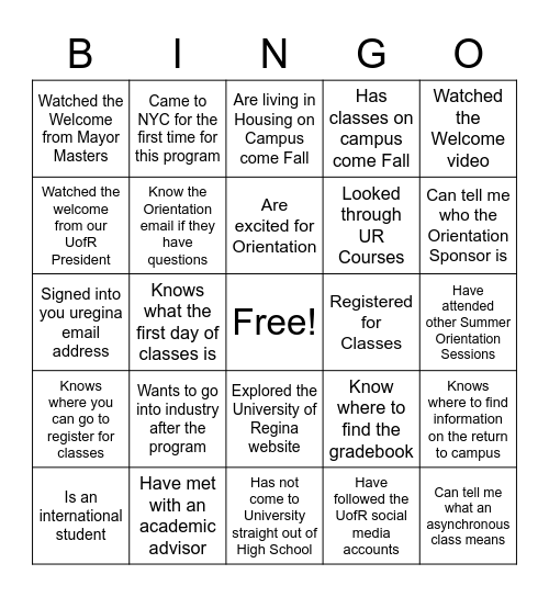 General MA Psychology Orientation Bingo Card