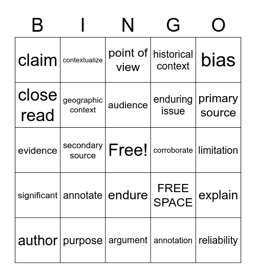 Unit 1 Bingo Card