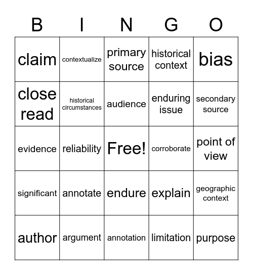 Unit 1 Bingo Card