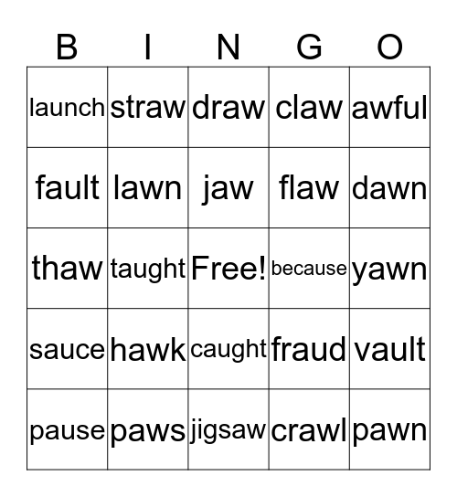 Au/Aw/Augh Words Bingo Card