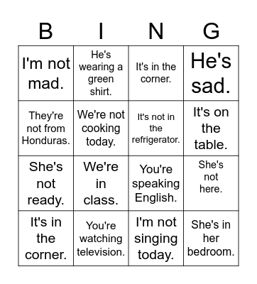 Contractions Bingo Card