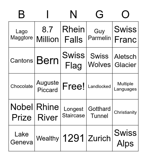 Switzerland Bingo Card