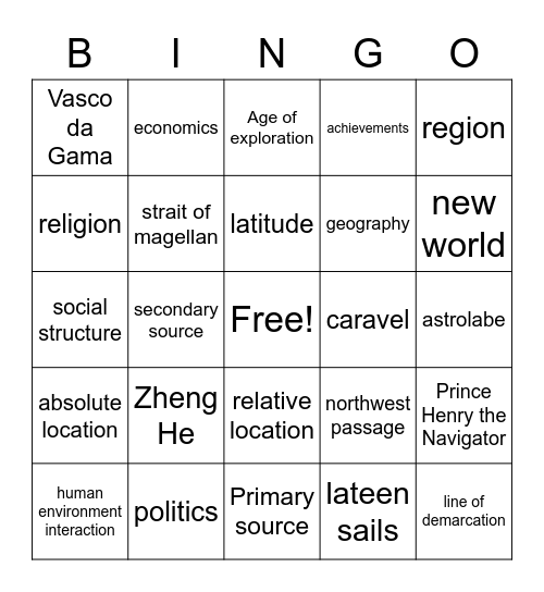 Age of Exploration/Thinking Like a Historian Bingo Card