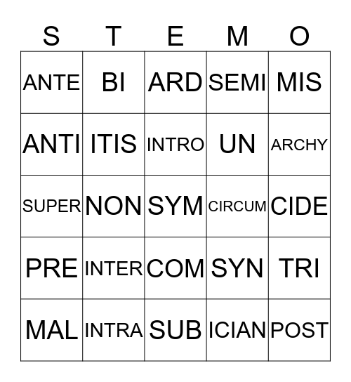 WORD WITHIN A WORD Bingo Card