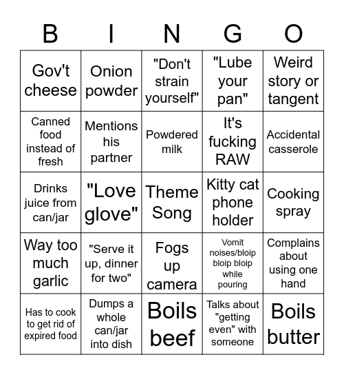 Iron Wrath cooking bingo (from DeadwingDorks "Bad Chef Bingo" stream) Bingo Card