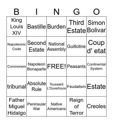 French Revolution & Latin America Movements Bingo Card