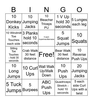 Fitness Bingo Card