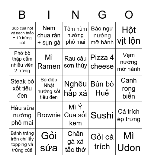 The Virtual Buffet Bingo - Tú's Bingo Card
