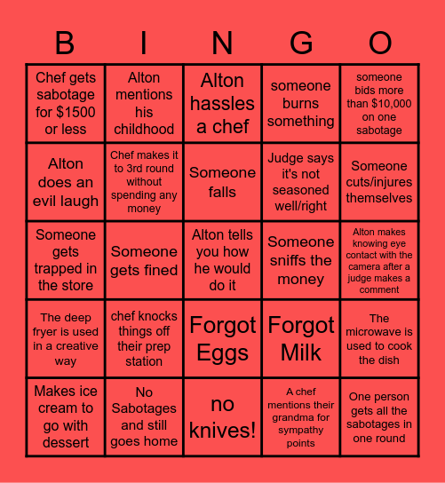 Cutthroat Kitchen Bingo Card