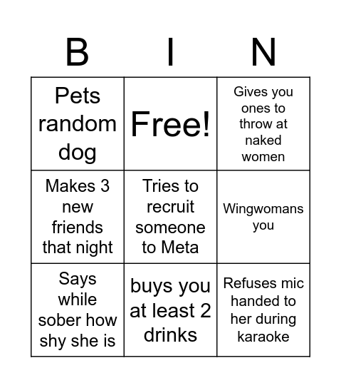 Sony Drunk Bingo Card