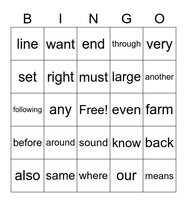 Sight Word Bingo Card