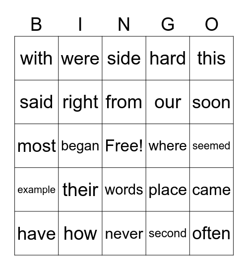 Sight Word Bingo Card