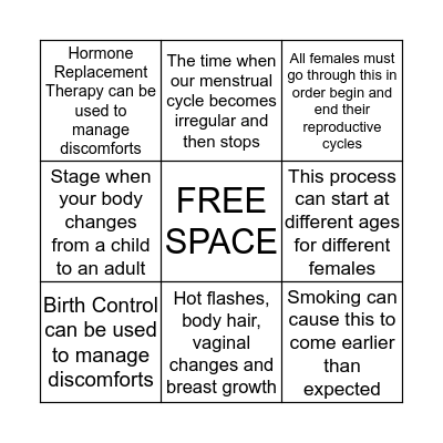 Puberty Versus Menopause Bingo Card