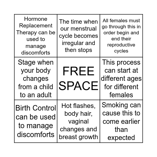 Puberty Versus Menopause Bingo Card