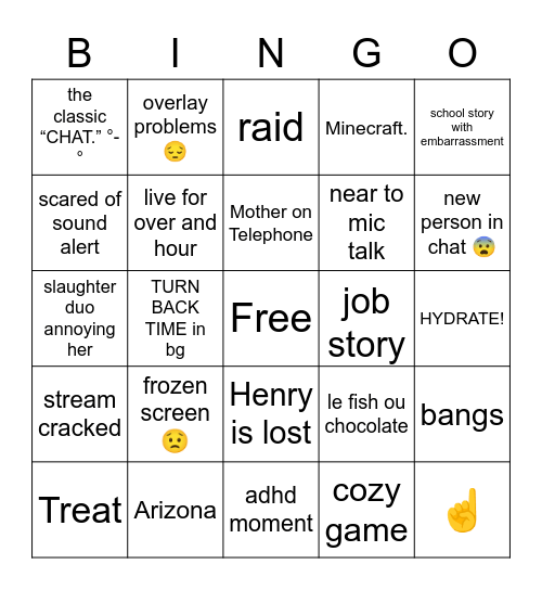 Nina Stream Bingo Card