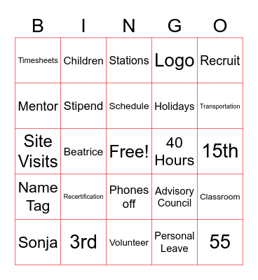 AmeriCorps Seniors/ Foster Grandparents Bingo Card