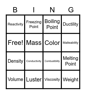 Properties of Matter Bingo Card