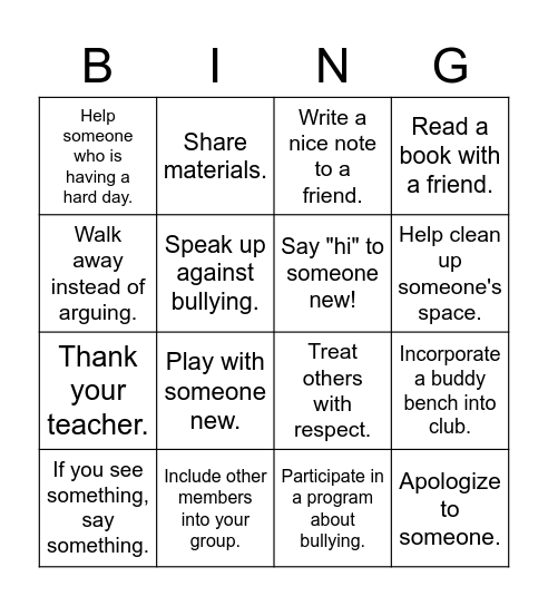 Kindness Bingo Card