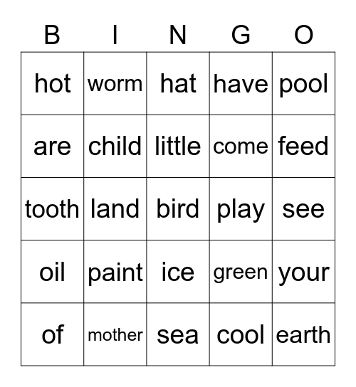 Spelling Words Bingo Card