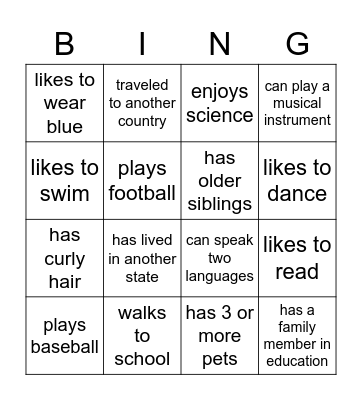 Getting to know you Bingo Card