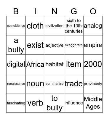 Parts of Speech Bingo Card