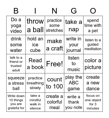 Coping Skills Bingo Card