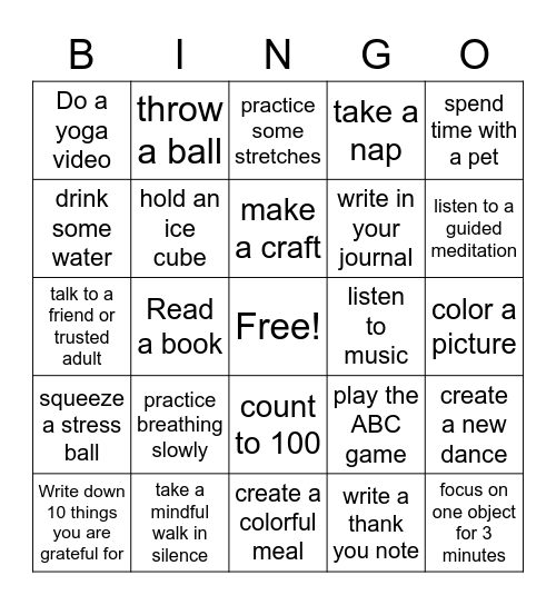 Coping Skills Bingo Card