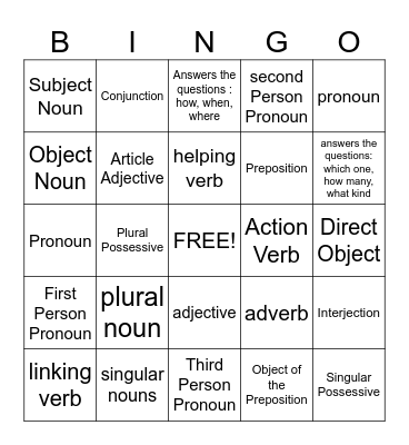 Conley's Parts of Speech BINGO Card
