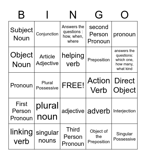 Conley's Parts of Speech BINGO Card