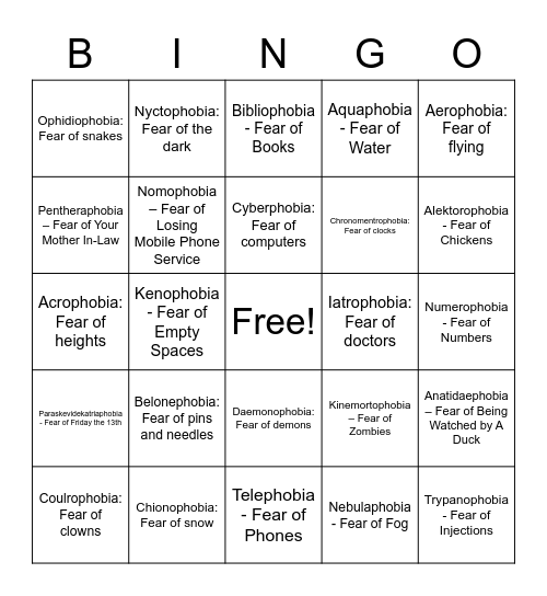 Phobia Bingo Card