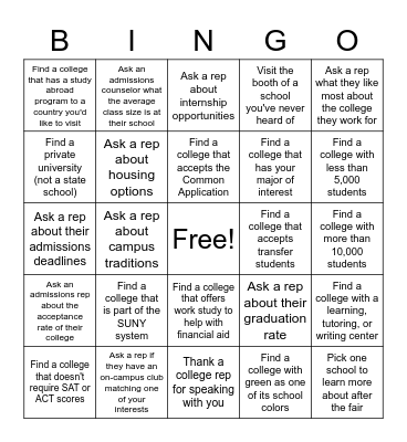 College Fair Bingo Card