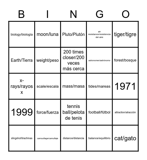 GG Gravitational forces video Spanish Bingo Card