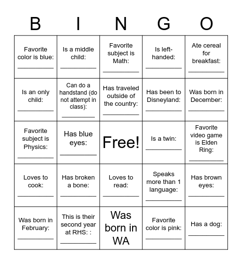 Classmate Bingo (more words) Bingo Card