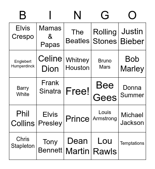 Music - Round 2 (Artists) Bingo Card