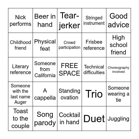 Katrina and Nick: Open Mic BINGO Card