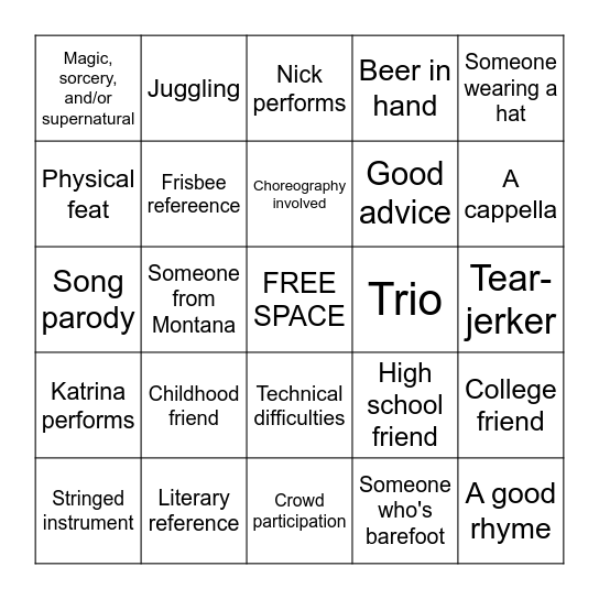 Katrina and Nick: Open Mic BINGO Card