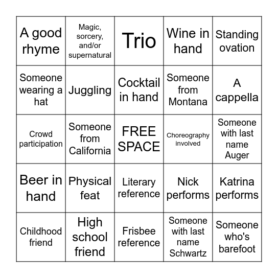 Katrina and Nick: Open Mic BINGO! Bingo Card