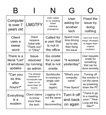 HelpDesk Bingo Card