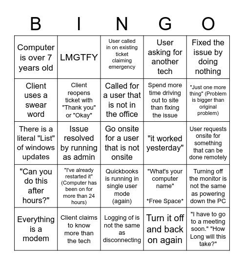 HelpDesk Bingo Card