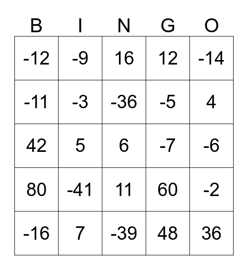Integer Bingo Card
