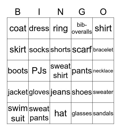 Clothing Bingo Card