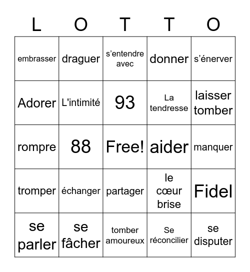 Amour et amitie Bingo Card