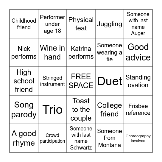Katrina and Nick: Open Mic BINGO Card