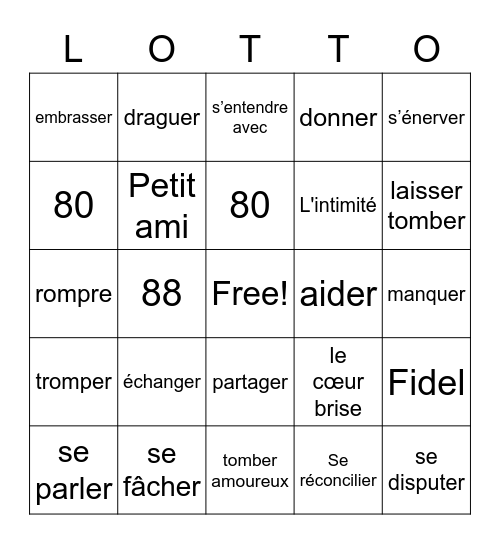 Amour et amitie Bingo Card